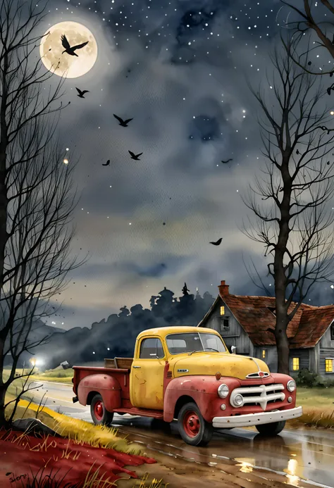 (watercolour landscape style:1.2), breathtaking shot of an abandoned rusty pickup truck at a magic lost highway at midnight, black birds flying, moonlight, soft, dreamy, dusty, spoky atmosphere, beautiful ((dark) red:1.2) colours with a tiny piece of yellow, depth of field, masterpiece of art, highest quality, 32k, intricate details, <lora:sdxl_style_watercolour landscape style_ep05>