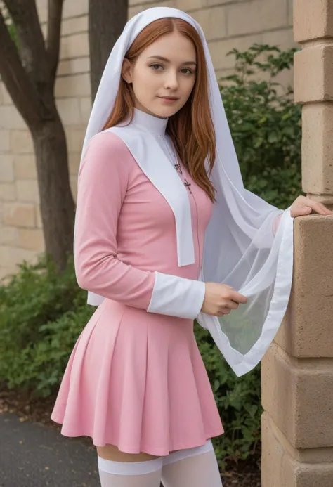 score_9, score_8_up, score_7_up, score_6_up, score_5_up, score_4_up, rating_questionable, 1girl, (Mary Jane Watson (Marvel):1.4), (nun wearing rose pink habit with a veil and long-sleeves, mini skirt, white stockings, traditional nun's coif, black mary jane shoes, crucifix necklace:1.4), amazing quality, very aesthetic, absurdres, intricate details, 8k.