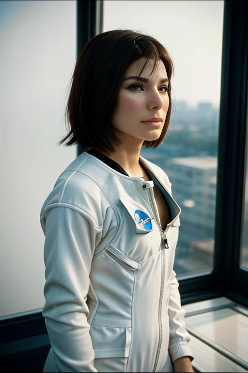 54ndr4bu110ck in an astronaut suit, (floating on space:1.2), short brown hair, brown eyes, <lora:Sandra_Bullock_PMv1b_Lora:1.3>,, RAW candid cinema, 16mm, color graded portra 400 film, remarkable color, ultra realistic, textured skin, remarkable detailed pupils, realistic dull skin noise, visible skin detail, skin fuzz, dry skin, shot with cinematic camera, detailed skin texture, (blush:0.5), (goosebumps:0.5), subsurface scattering, ((Cinematic))