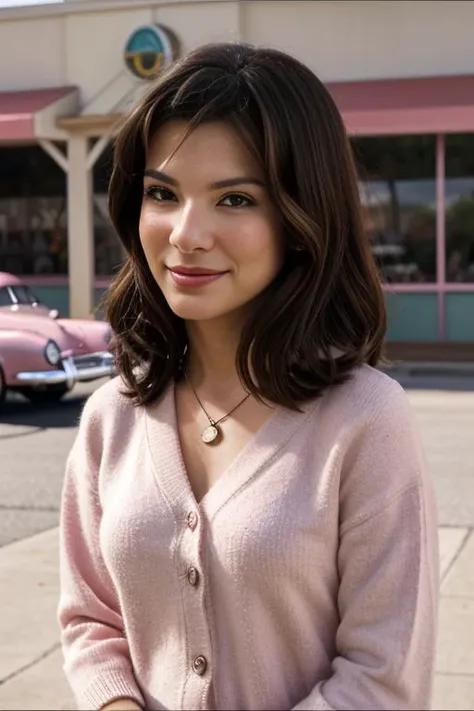 54ndr4bu110ck, brown hair, brown eyes, sfw, heart locket around neck, smile, outside 1950's drive in restaurant, standing in the parking lot, 1950's style cars in the background, pink cardigan, (white collared shirt:0.9), detailed pupils, poodle skirt, <lora:Sandra_Bullock_PMv1b_Lora:1.3>,, ((Glamour Portrait)), high quality photography, 3 point lighting, flash with softbox, 4k, Canon EOS R3, hdr, smooth, sharp focus, high resolution, award winning photo, 80mm, f2.8, bokeh