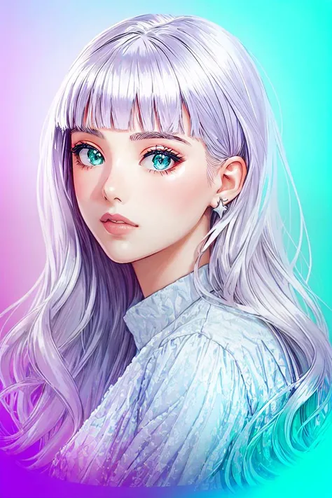 (fluorescent colors:1.4),(translucent:1.4),(retro filters:1.4), (fantasy:1.4), candy world Disney land ethereal soft fluffy soft landscape forest snowavatar Pastel pink sky green blue sparkle ethereal light pastel whimsical light rainbow stars diamonds sparkle gemstone background hyper realistic Ultra quality cinematic lighting immense detail Full hd painting Well lit,diagonal bangs,collared dress,on sidemasterpiece, best quality,realskin,(portrait:1.5), 1girl, blunt bangs, long hair