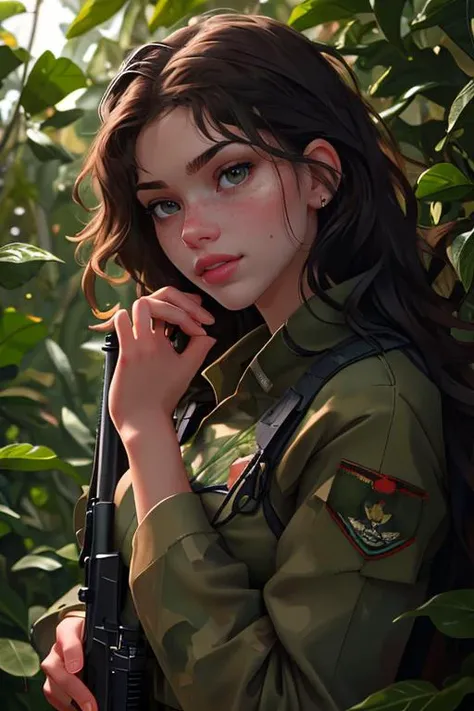 Merger_kaye_ventimind,
(a (soldier:1.1) in the jungle on manoeuvrers wearing (army fatigues:1.2) and holding a rifle, (camouflage:1.2), military, uniform, military, camouflage uniform:1.2),
bokeh, f1.4, 40mm, photorealistic, raw, 8k, textured skin, skin pores, intricate details  <lora:epi_noiseoffset2:1>, epiCRealism