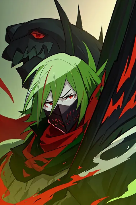 (masterpiece, top quality, best quality, beautiful, and aesthetic:1.2) staring intensely, glaring, red glowing eyes, cowboy shot, vo1k, 1boy, imposing, male, looking at viewer, mask, red eyes, green hair, multicolored hair, <lora:vo1k-000009:.9>