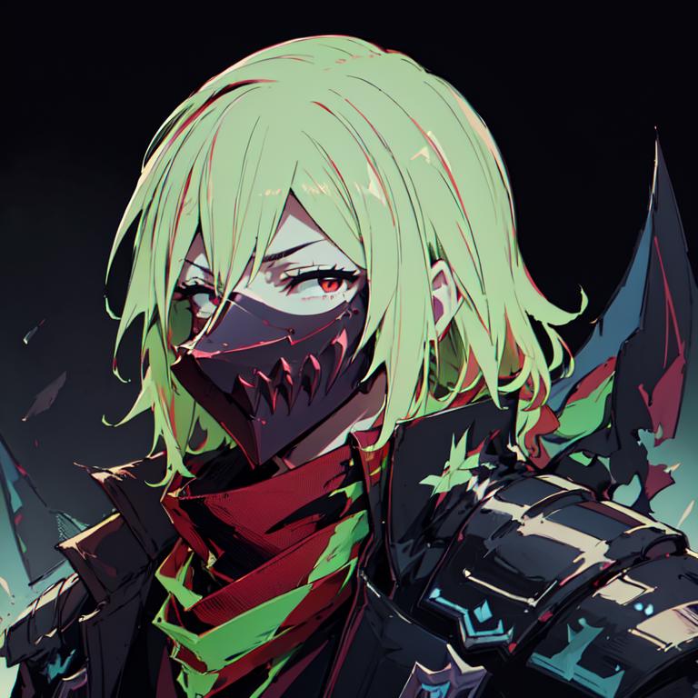 A close up of a person with a sword and a green hair - SeaArt AI