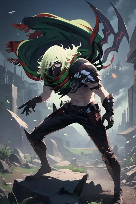 (masterpiece, top quality, best quality, beautiful, and aesthetic:1.2) full body, posing, v01k, 1boy, solo, mask, shoulder armor, scarf, <lora:volk5-000006:1>