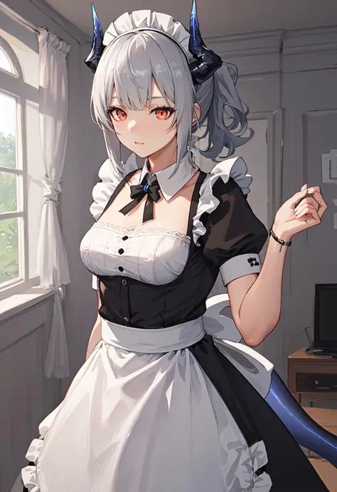 (highest quality:1.2, 4K, 8k, Studio Anime, Very detailed, up to date, Vibrant, High detail, High Contrast, masterpiece:1.2, highest quality, Best aesthetics), (((1 girl))), Sitting, Maid, Maid服, Blue Ribbon, Frills, Open your mouth slightly:1.2, smile, Dynamic Angle, Low - Angle:1.3, Get closer, Friendly atmosphere, Fun and young々Shii々Cool vibe, Precision and focus, Striking contrast,