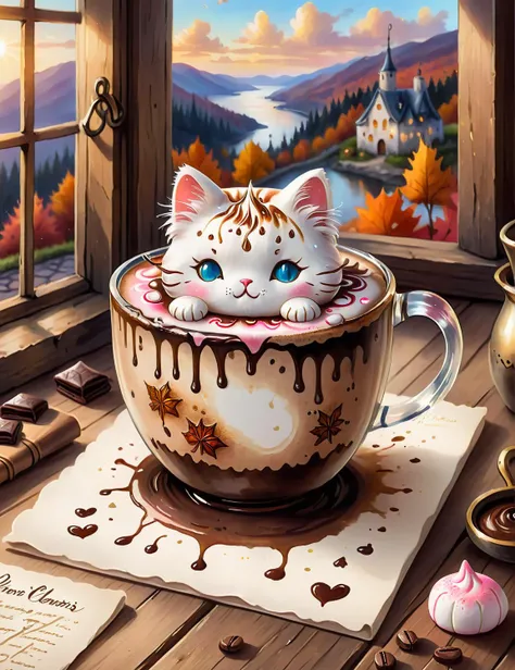 whimsical drawing of magical cup of hot chocolate, sitting by a window<lora:SDXLInkStainsFinal:1> Inkstains, high quality, beautiful, highly detailed, 8k, cute marshmallow kitty coffee foam face, cozy fall