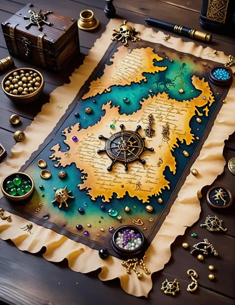 a pirate's treasure map, davy jones<lora:SDXLInkStainsFinal:1> Inkstains, high quality, beautiful, highly detailed, 8k, fantasy map, treasure map sprawled out on a pirate's desk, gold doubloons, jewels