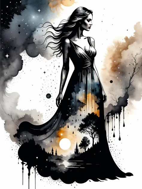 a woman with a long dress against a celestial background, double exposure, charcoal, dramatic digital illustration, abstract, high quality, beautiful, highly detailed, 8k, fantasy, (monochrome:1.2), Inkstains <lora:SDXLInkStains:1>
