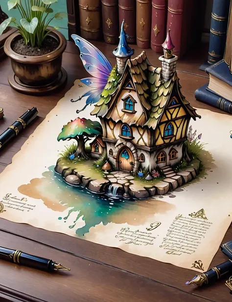 a fairy's house schematics<lora:SDXLInkStainsFinal:1> Inkstains, high quality, beautiful,  highly detailed, 8k, magical, sitting on a gnome architecture's desk,