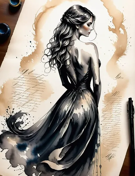 a body study of a beautiful woman, , curved back, gossamer gown<lora:SDXLInkStainsFinal:1> Inkstains, high quality, beautiful,  highly detailed, 8k, unfinished black ink