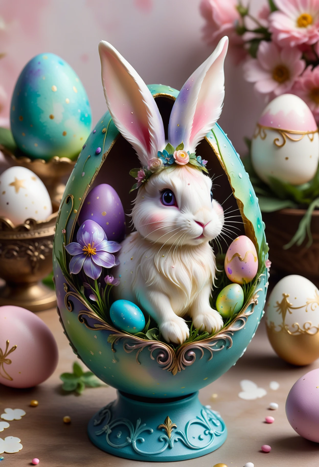 an adorable fairy bunny decorated easter egg, <lora:SDXLFaeTastic2400:0.5> <lora:SDXLInkStains:0.5> Inkstains, decorated easter table, magical easter basket, extremely detailed, elegant, whimsical, magical, candy