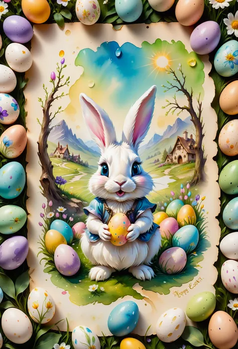 cinematic film still fairy tale cinematic film still , beautiful, artistic, detailed fur, realistic Photo adorable easter bunny, beatrice potter, storybook painting, delicate, surrounded by colorfully decorated eggs in a spring meadow, magical map to easter bunny land, easter basket, magical, magical easter map, showing the land to magical easter bunny, beautiful sunny spring day <lora:SDXLInkStains:0.6> Inkstains <lora:SDXLFaeTastic2400:0.5>