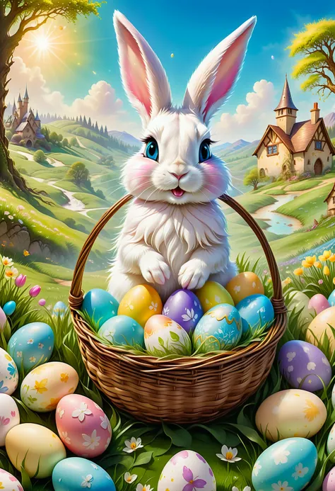 cinematic film still fairy tale cinematic film still , beautiful, artistic, detailed fur, realistic Photo adorable easter bunny, beatrice potter, storybook painting, delicate, surrounded by colorfully decorated eggs in a spring meadow, magical map to easter bunny land, easter basket, magical, magical easter map, showing the land to magical easter bunny, beautiful sunny spring day <lora:SDXLInkStains:0.6> Inkstains <lora:SDXLFaeTastic2400:0.5>
