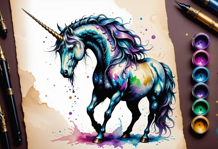 hyper detailed masterpiece, dynamic, awesome quality, Inkstains unicorn, mythical majestic horse creature, single horn, light colored long slender straight horn, elegant noble posture, gentle wise expression, cloven hooves, purity, grace, magical, enchanting, allergenic,comfy , <lora:SDXLInkStains:1>