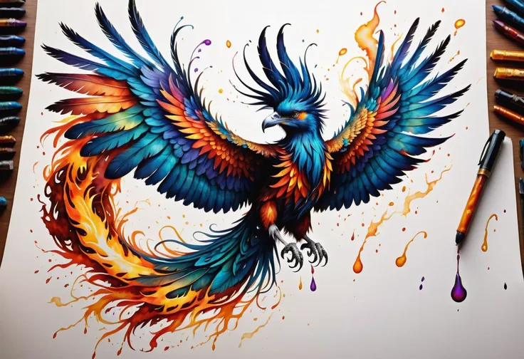 hyper detailed masterpiece, dynamic, awesome quality, Inkstains phoenix, mythical powerful bird, in flames, vibrant colors,, large and majestic wings long flowing tail feathers, resplendent radiant plumage immortality, renewal, rebirth, rise from the ashes , <lora:SDXLInkStains:1>