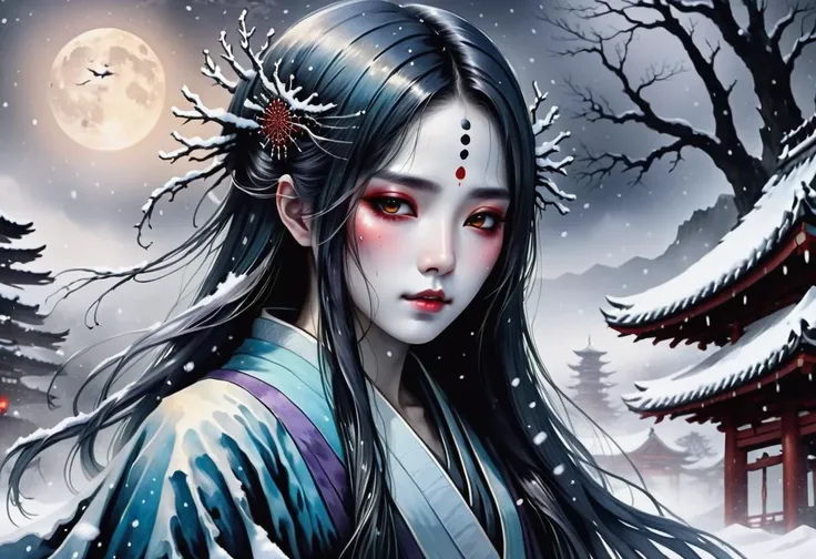 hyper detailed masterpiece, dynamic, awesome quality, Inkstains yuki-onna, japanese snow ghost, female, cold ethereal beauty, burial robe, long black hair, pale skin, haunting eyes, winter, snow, haunting, supernatural, stygical, demonic expression , <lora:SDXLInkStains:1>