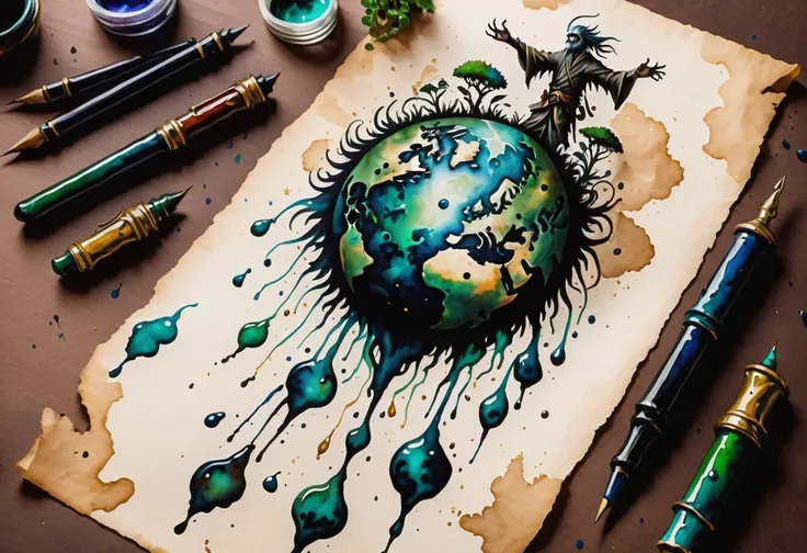 hyper detailed masterpiece, dynamic, awesome quality, Inkstains baal, 1 feet small, humanoid, earth-dwelling humanoid being, affinity with the earth and nature, gardening and craftsmanship, fantasy, high altitudes,shadow,weathered,glistering,humorous , <lora:SDXLInkStains:1>