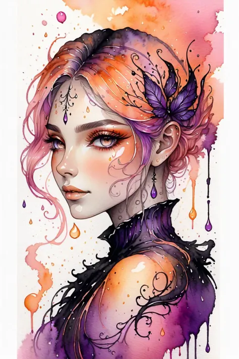 beautiful portrait of a fantasy young woman, orange, purple, pink, black gradients<lora:SDXLInkStainsFinal:1>, high quality, highly detailed, HD 8k, fantasy, Watercolors, thick outlines,
