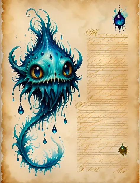 scientific illustrations of a water wisp creature<lora:SDXLInkStainsFinal:1> Inkstains, high quality, beautiful,  highly detailed, 8k, fantasy parchment