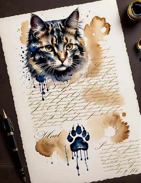 the cat's mischief<lora:SDXLInkStainsFinal:1> Inkstains, high quality, beautiful, highly detailed, 8k, (pawprint:1.3), cat prints across a letter