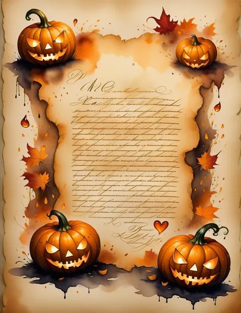 a love letter from a jack-o'-lantern <lora:SDXLInkStainsFinal:1> Inkstains, high quality, beautiful, highly detailed, 8k, fantasy