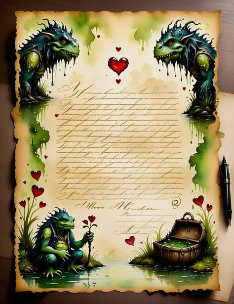 a love letter from a swamp monster <lora:SDXLInkStainsFinal:1> Inkstains, high quality, beautiful,  highly detailed, 8k, fantasy, from the desk of a village woman