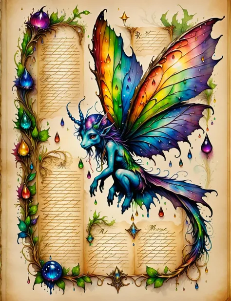 scientific illustration of a rainbow fae, fantasy illustrations <lora:SDXLInkStainsFinal:1> Inkstains, high quality, beautiful,  highly detailed, 8k,wizard's manuscript, monster manual