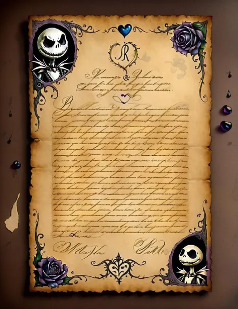 a love letter from Jack Skellington to Sally<lora:SDXLInkStainsFinal:1> Inkstains, high quality, beautiful, highly detailed, 8k, fantasy, Nightmare Before Christmas love letter