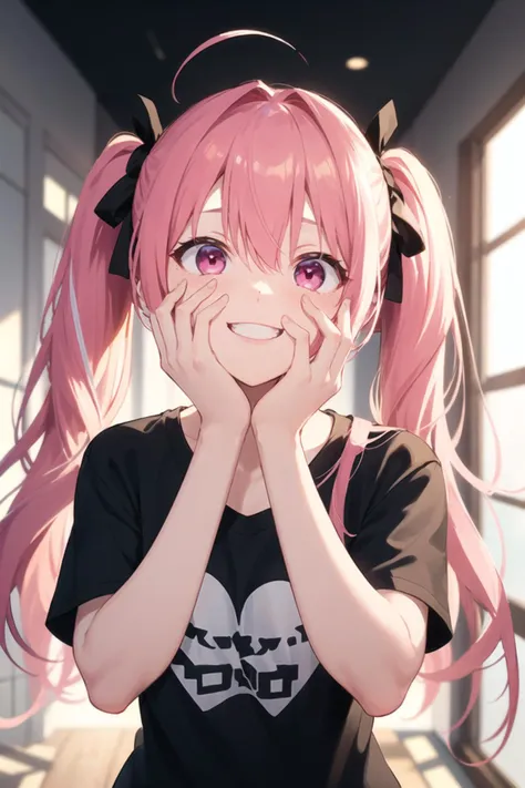 1girl, yandere, yandere trance, corruption, casual clothes, t-shirt, twintails, long hair, short sleeves, standing, hands on own face, hands on own cheeks, (heart:1.2), crazy eyes, crazy smile, glowing eyes, room, pink hair, window