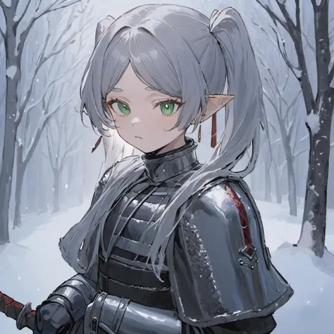 <lora:frieren_xl_2:1> Digital art, masterpiece A detailed and cinematic wallpaper, closeup portrait of a girl Frieren standing in snow with a armor, silver hair with twintails, greeneyes, (knight's armour:1.5), metal armour, heavy sword