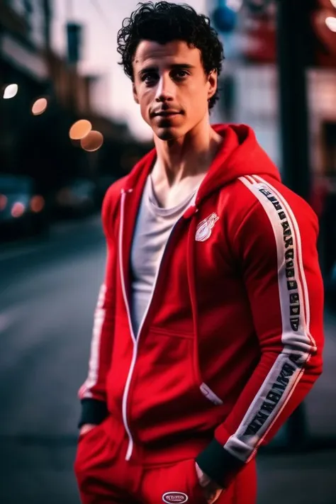 michael trevino a man <lora:Adam-Dimarco_Michael-Trevino-000001:1>, realistic photo in a worn ((skin-revealing skimpy erotic red tracksuit, massive hairy pecs)), abs, big pecs, big arms, bulge, VPL, ((light bokeh)), intricate, (steel metal [rust]), elegant, erotic, exuding sexual energy, homoerotic, sharp focus, photo by greg rutkowski, soft lighting, vibrant colors, (masterpiece), ((streets)), (detailed face), looking at viewer, light smile, night, walking towards viewer, cinematic lighting, beautiful lighting, cinematic lighting, (hazy filter, film grain:1.2)