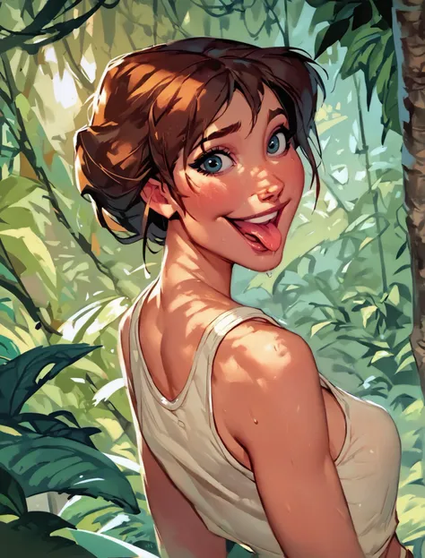 score_9, score_8_up, score_7_up, score_6_up, score_5_up, 1girl, from behind, <lora:JanePorterXLP_Character:1> JanePorterXLP, white tank top, very happy expression, looking at viewer, mouth open, tongue out, jungle, <lora:TheMoon:1> Mooning, <lora:GwentStyle_v2:0.4> gwentstyle <lora:1dkXLP:0.3> 1dk,