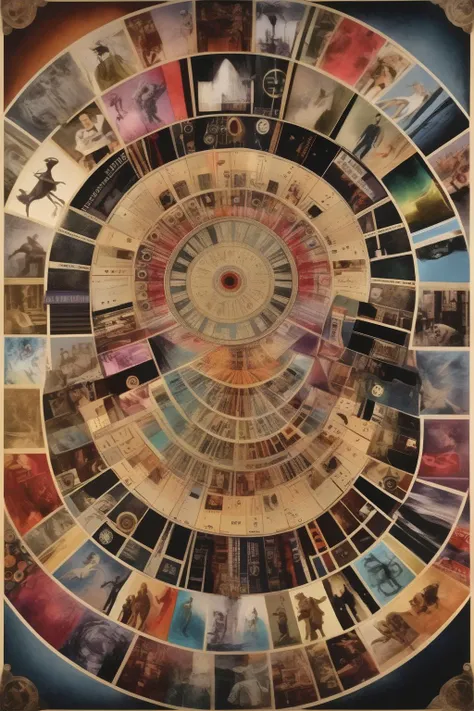 <lora:Paul Laffoley Style:1>Paul Laffoley Style - Create a mandala that celebrates the art of filmmaking. The composition should be cinematic and dynamic, with elements referencing film reels, cameras, and storytelling visuals. The medium should be a digital artwork. The mandala should incorporate subjects like film strips, iconic movie scenes, and abstract patterns. The subject styling should have a bold and modern quality. The environment can feature a film set with lights, cameras, and action. The lighting should create a sense of drama and depth. The atmosphere should be filled with the anticipation of storytelling. The mood should be captivating and evocative.