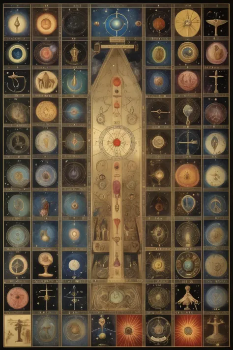 <lora:Paul Laffoley Style:1>Paul Laffoley Style - a space with included all tools of understanding the universe, a wall of 12 Astro zodiac signs and sacral symbols, ankh symbol, the window to sacral universe