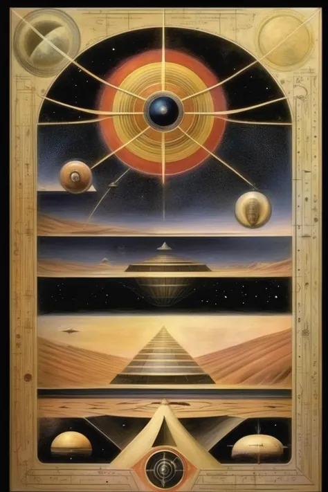 <lora:Paul Laffoley Style:1>Paul Laffoley Style - Paul Laffoley's painting depicting Dune book cover interstellar geometry