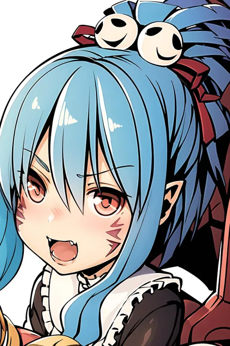 masterpiece, 1girl, alwen du moonbria, blue hair, close up, facial mark, skull hair ornament, open mouth, fangs, blush, cute