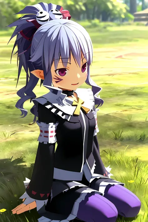 masterpiece, 1girl, alwen du moonbria, 3d, game cg, sitting, vampire, purple leggings, hair ornament, face markings, outside, forest, grass, sunny