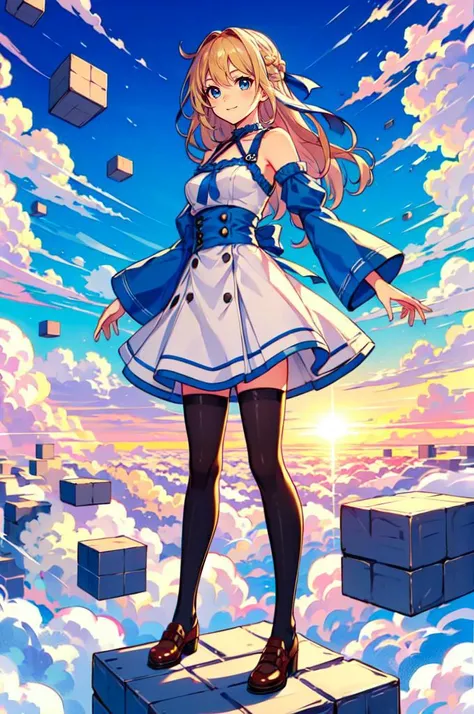 <lora:skyBlock:0.6> standSky,floating brick object,in high position,sky,above clouds,too many blocks,looking down,(((standing on floating block))), || jumpSky,floating brick object,jumping,in high position,sky,above clouds,too many blocks,looking down,from above,, ultra detailed, masterpiece, best quality, aesthetic, detailed,, solo, soft smile, light smile,
1girl, blue eyes, very long hair, blonde hair, long blonde hair, french braid, bangs, medium breasts,, hair ribbon, frilled choker, criss-cross halter, sleeveless dress, high-waist skirt, backless dress, waist bow, detached sleeves, frilled sleeves, wide sleeves, pantyhose, patterned legwear, mary janes,