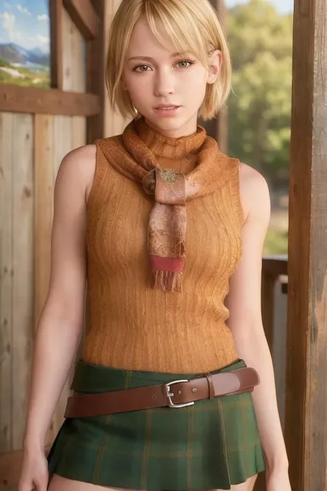 (8k, RAW photo:1.2), High detail RAW color photo, professional photograph, (realistic, photo realistic:1.37), cinematic light, (finely detailed face:1.2), (masterpiece:1.5), (best quality:1.2),
1girl, ashley, short blonde hair, (brown eyes:1.2), smile, v, orange sweater, sleeveless, green tartan skirt, red scarf, brown belt,
looking at viewer, white skin, shinny skin,
<lora:ashley:0.5>
