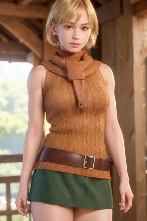 (8k, RAW photo:1.2), High detail RAW color photo, professional photograph, (realistic, photo realistic:1.37), cinematic light, (finely detailed face:1.2), (masterpiece:1.5), (best quality:1.2),
1girl, ashley, short blonde hair, (brown eyes:1.2), smile, v, orange sweater, sleeveless, green tartan skirt, red scarf, brown belt,
looking at viewer, white skin, shinny skin,
<lora:ashley:0.5>