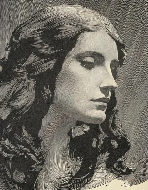 franklin booth style, woman, close up, face, long hair, lithograph <lora:franklin_booth_style_sdxl_v16-000013:1>