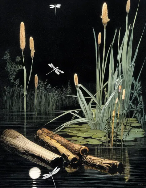 lily pond, cattails, small waterfalls, night, dragonflies, hollow log, franklin booth style <lora:franklin_booth_style_sdxl_v7:1>