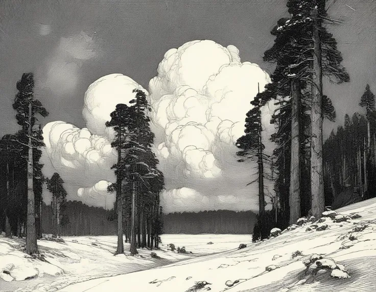 franklin booth style, landscape, clouds, pine trees, snow, monochrome <lora:franklin_booth_style_sdxl_v16-000013:1>