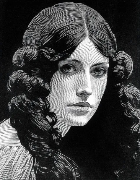 franklin booth style, woman, close up, face, long hair <lora:franklin_booth_style_sdxl_v7:1>