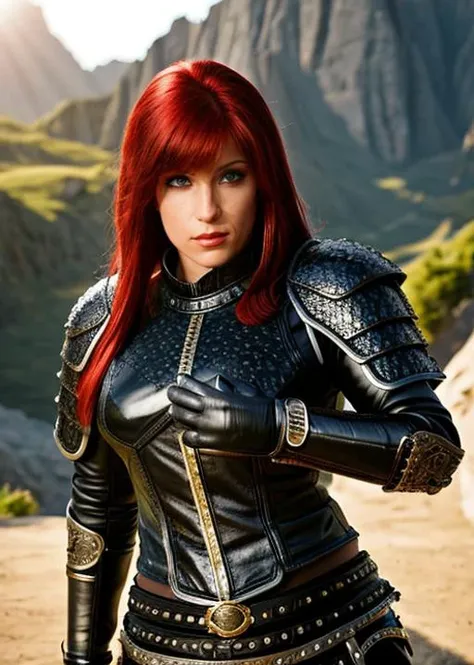 RAW photo of an female fantasy warrior, leather armor, upper body, (((half body shot))), dramatic, sunlight, background is a fantasy world, blurred background, ultra detailed background, detailed, sharp focus, 8k,<lora:MS_AshleyRobbins_V1_32:0.8>