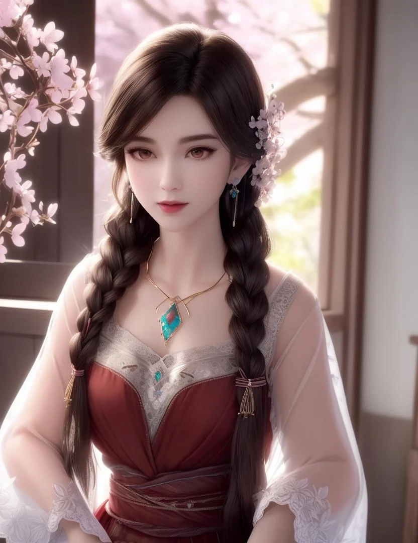ultra realistic 8k cg, picture-perfect face, flawless, clean, masterpiece, professional artwork, famous artwork, cinematic lighting, cinematic bloom, perfect face, beautiful face, fantasy, dreamlike, unreal, science fiction, beautiful clothes, lace, lace trim, lace-trimmed legwear, (rich:1.4), prestige, luxury, jewelry, diamond, gold, pearl, gem, sapphire, ruby, emerald, intricate detail, delicate pattern, charming, alluring, seductive, erotic, enchanting, hair ornament, necklace, earrings, bracelet, armlet,halo
((,1girl, ,))(((,,,, , 1girl, , solo, cherry blossoms,sakuramon,looking at viewer, , see-through,see-through sleeves, , )))((jewelry, 1girl, necklace, earrings, solo, braid, hair_ornament, brown_eyes,upper body, )) <lora:DA_YingMo:0.6>