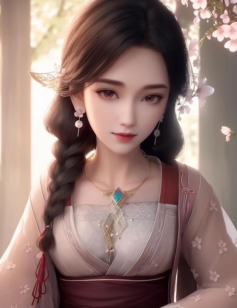 ultra realistic 8k cg, picture-perfect face, flawless, clean, masterpiece, professional artwork, famous artwork, cinematic lighting, cinematic bloom, perfect face, beautiful face, fantasy, dreamlike, unreal, science fiction, beautiful clothes, lace, lace trim, lace-trimmed legwear, (rich:1.4), prestige, luxury, jewelry, diamond, gold, pearl, gem, sapphire, ruby, emerald, intricate detail, delicate pattern, charming, alluring, seductive, erotic, enchanting, hair ornament, necklace, earrings, bracelet, armlet,halo
((,1girl, ,))(((,,,, , 1girl, , solo, cherry blossoms,sakuramon,looking at viewer, , see-through,see-through sleeves, , )))((jewelry, 1girl, necklace, earrings, solo, braid, hair_ornament, brown_eyes, hanfu,upper body, )) <lora:DA_YingMo:0.6>