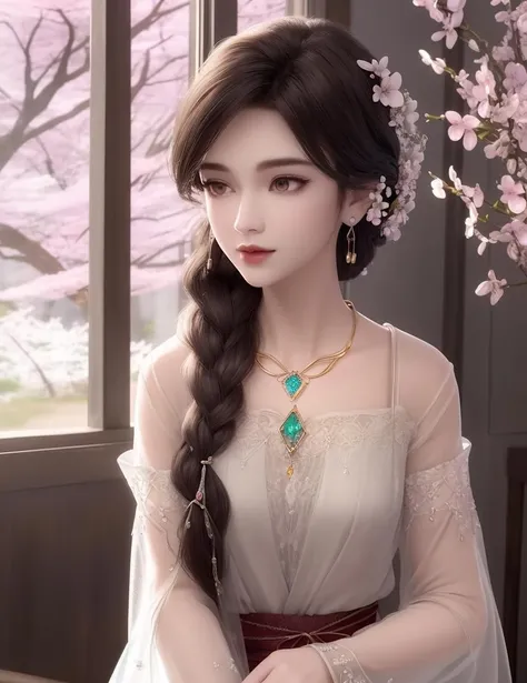 ultra realistic 8k cg, picture-perfect face, flawless, clean, masterpiece, professional artwork, famous artwork, cinematic lighting, cinematic bloom, perfect face, beautiful face, fantasy, dreamlike, unreal, science fiction, beautiful clothes, lace, lace trim, lace-trimmed legwear, (rich:1.4), prestige, luxury, jewelry, diamond, gold, pearl, gem, sapphire, ruby, emerald, intricate detail, delicate pattern, charming, alluring, seductive, erotic, enchanting, hair ornament, necklace, earrings, bracelet, armlet,halo
((,1girl, ,))(((,,,, , 1girl, , solo, cherry blossoms,sakuramon,looking at viewer, , see-through,see-through sleeves, , )))((jewelry, 1girl, necklace, earrings, solo, braid, hair_ornament, brown_eyes,upper body, )) <lora:DA_YingMo:0.6>