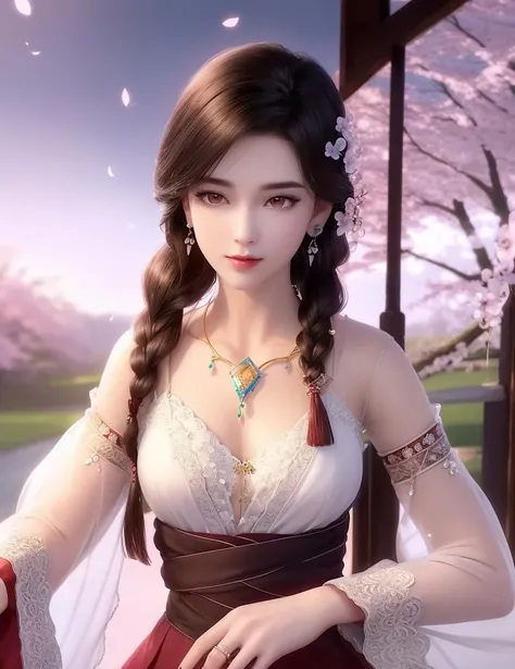 ultra realistic 8k cg, picture-perfect face, flawless, clean, masterpiece, professional artwork, famous artwork, cinematic lighting, cinematic bloom, perfect face, beautiful face, fantasy, dreamlike, unreal, science fiction, beautiful clothes, lace, lace trim, lace-trimmed legwear, (rich:1.4), prestige, luxury, jewelry, diamond, gold, pearl, gem, sapphire, ruby, emerald, intricate detail, delicate pattern, charming, alluring, seductive, erotic, enchanting, hair ornament, necklace, earrings, bracelet, armlet,halo
((,1girl, ,))(((,,,, , 1girl, , solo, cherry blossoms,sakuramon,looking at viewer, , see-through,see-through sleeves, , )))((jewelry, 1girl, necklace, earrings, solo, braid, hair_ornament, brown_eyes,upper body, )) <lora:DA_YingMo:0.6>
